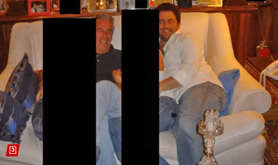 在司法部曝光的照片中，《梅拉尼娅》的导演布雷特·拉特纳与杰弗里·爱泼斯坦身旁沙发上的一名女子拥抱。